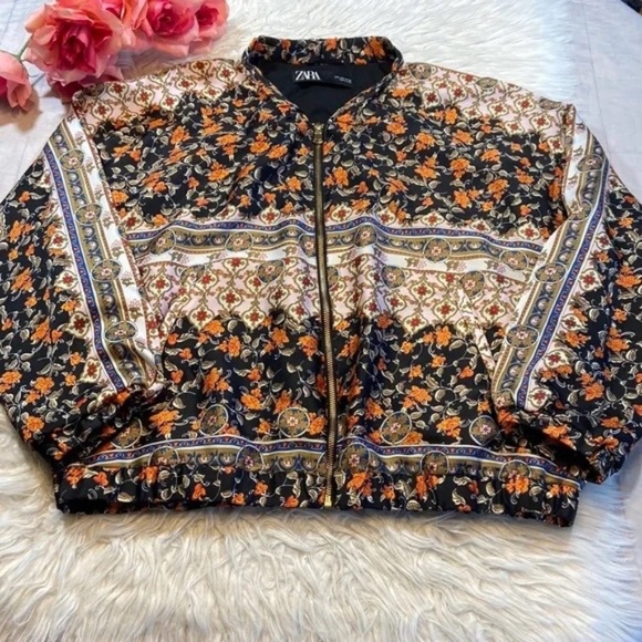 Zara Satin Floral Baroque Print Bomber Zip Front Jacket (sz L) - Picture 2 of 11